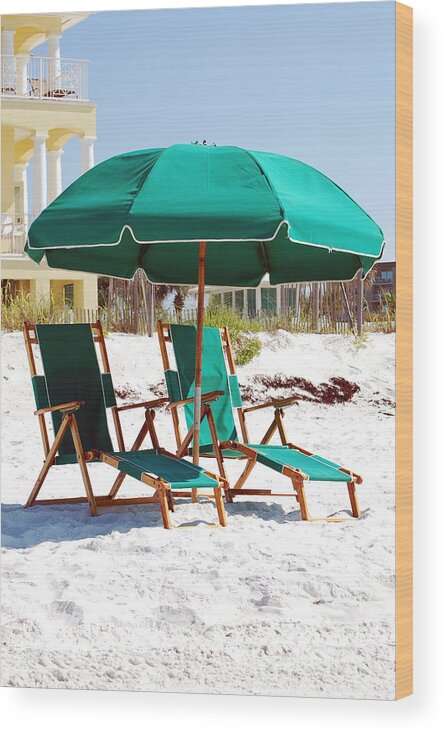 Destin Wood Print featuring the photograph Destin Florida Empty Beach Chair Pair and Green Umbrella Vertical by Shawn O'Brien