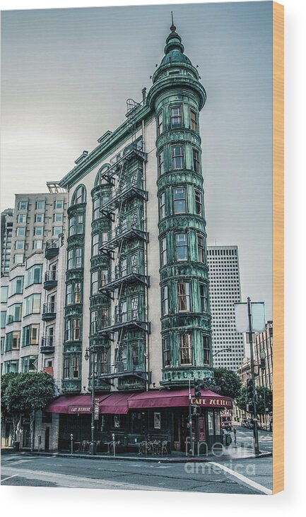 Buildings Wood Print featuring the photograph Dez 2016. San Francisco, USA - Old copper-green Columbus tower o by Amanda Mohler