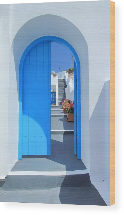 Architecture Wood Print featuring the photograph Door and stairs, Santorini, Greece by Elenarts - Elena Duvernay photo