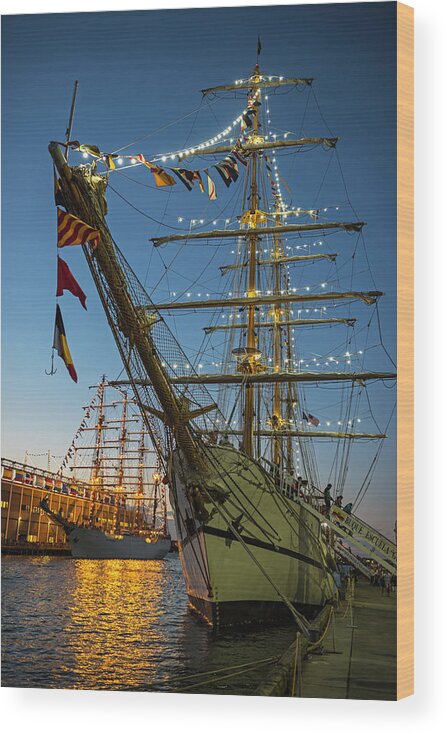 Boston Wood Print featuring the photograph Dual Boston Tall Ships at Night Boston MA by Toby McGuire