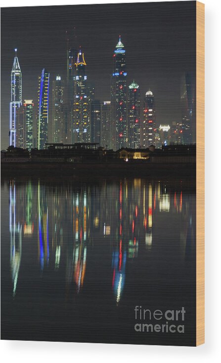 Dubai Wood Print featuring the photograph Dubai city skyline nighttime by Andy Myatt