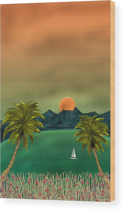 Tropical Island Ocean Sea Seascape Palms Sunset Sailing Sailboat Nature Gordon Beck Art Wood Print featuring the painting Emerald Bay by Gordon Beck