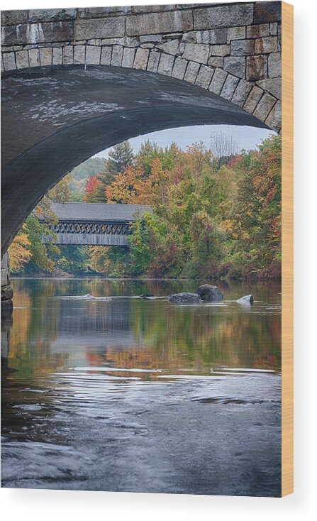  Wood Print featuring the photograph fall colors over Henniker covered bridge by Jeff Folger