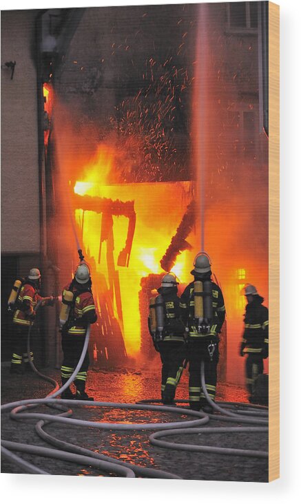 Fire Wood Print featuring the photograph Fire - Burning House - Firefighters by Matthias Hauser