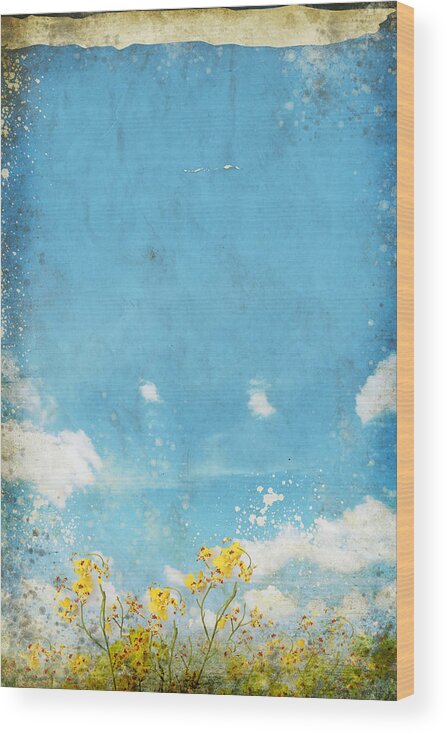Abstract Wood Print featuring the painting Floral In Blue Sky And Cloud by Setsiri Silapasuwanchai