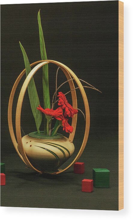 Japan Japanese Ikebana Red Leaves Wood Circles Blocks Wood Print featuring the photograph Flow ikebana by Carolyn D'Alessandro