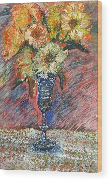 Flowers Wine Glass Vase Daisy Pastel Original Art Wood Print featuring the pastel Flowers in Wine Glass by Katt Yanda