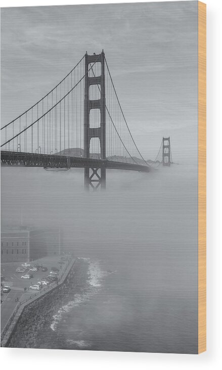 Golden Gate Bridge Wood Print featuring the photograph Fog Under Bridge Bw by Jonathan Nguyen