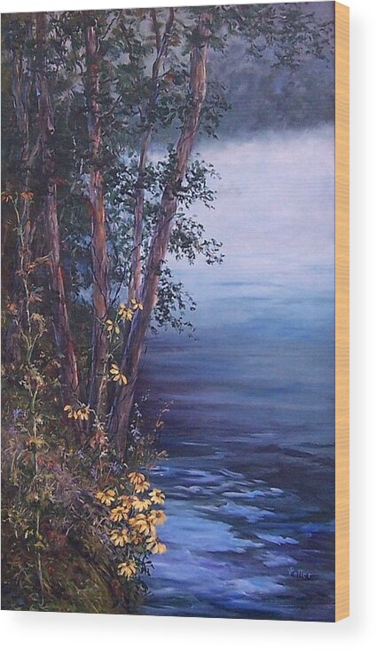 Tree Wood Print featuring the painting Foggy Riverbank by Virginia Potter