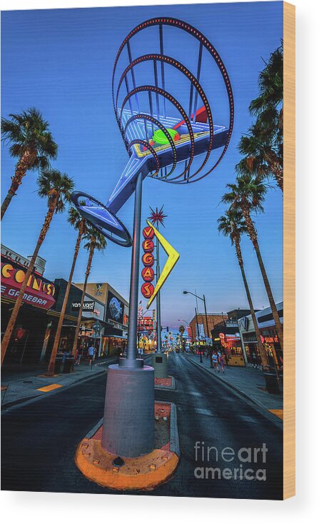 Fremont Street Wood Print featuring the photograph Fremont East District Neon Signs From the West at Dusk by Aloha Art