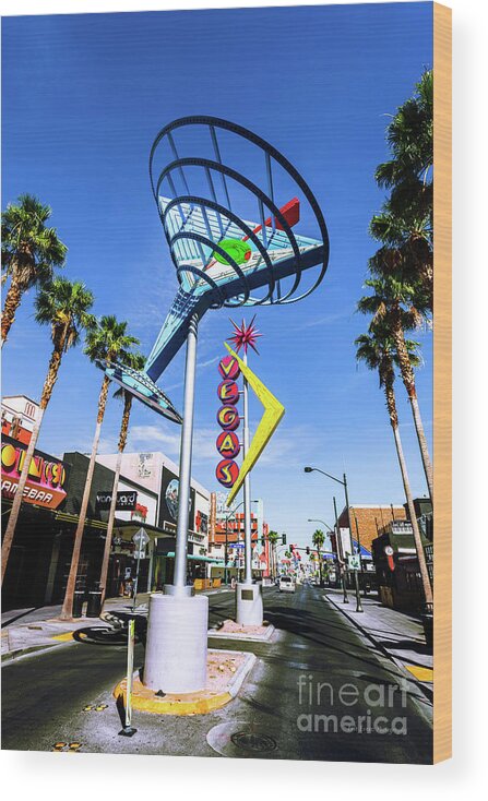 Fremont Street Wood Print featuring the photograph Fremont East District Neon Signs From the West in the Day by Aloha Art