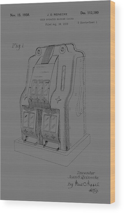 Fruit; Machine; Patent; 1938; Casino; Bar; Pub; Game; Slot; Money; Spin; Pull; Invention; Fashion; Designer; Design; Abstract; Brand; T-shirt; Hoodies; Patent Illustration; Crafts; Blueprint; Collectable; Vintage Patent; Nostalgia; Technical Illustration; Patent Drawing; Exclusive Rights; Rights; Drawing; Illustration; Presentation; Vintage; Gift; Diagram; Antique; Patentee; Men's; Men; Women; Women's; Boy; Girl; Patent Application; Home Decor; Grunge; Parchment; Old; Graphic; Chris Smith Wood Print featuring the photograph Fruit Machine Patent 1938 by Chris Smith
