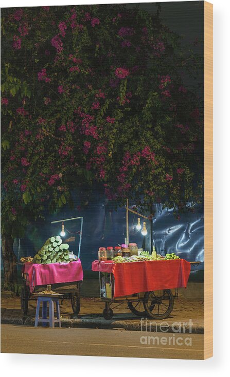 Asian Wood Print featuring the photograph Fruit Snack Stand On Phnom Penh Cambodia Street At Night by JM Travel Photography