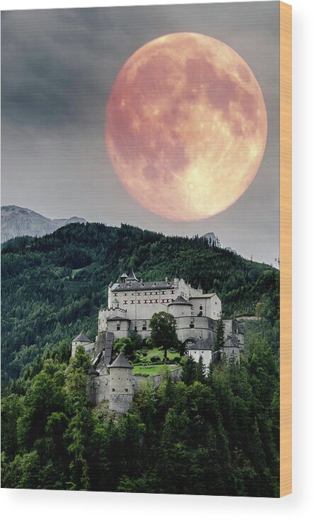 Hohen Werfen Wood Print featuring the photograph Full moon over Hohen Werfen by Wolfgang Stocker
