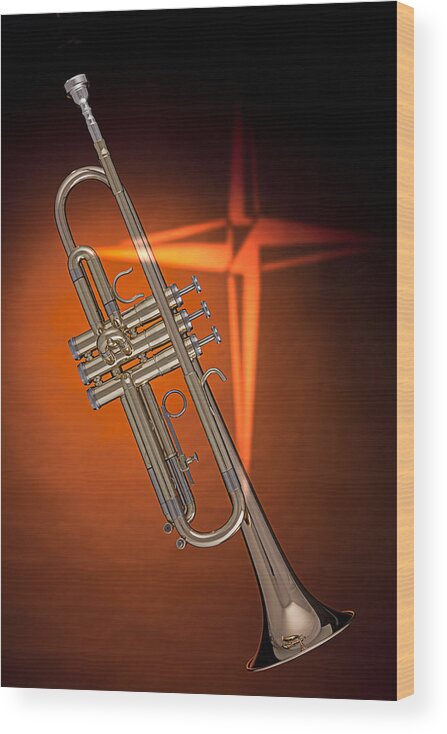 Trumpet Wood Print featuring the photograph Gold Trumpet with Cross on Orange by M K Miller