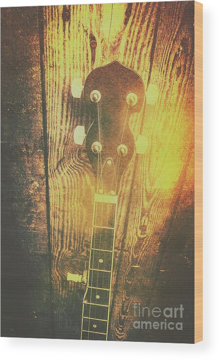 Banjo Wood Print featuring the photograph Golden banjo neck in retro folk style by Jorgo Photography