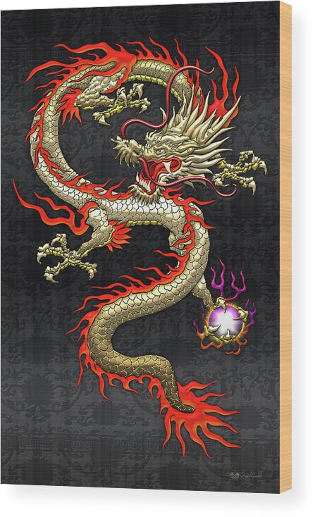 'treasures Of China' Collection By Serge Averbukh Wood Print featuring the digital art Golden Chinese Dragon Fucanglong on Black Silk by Serge Averbukh