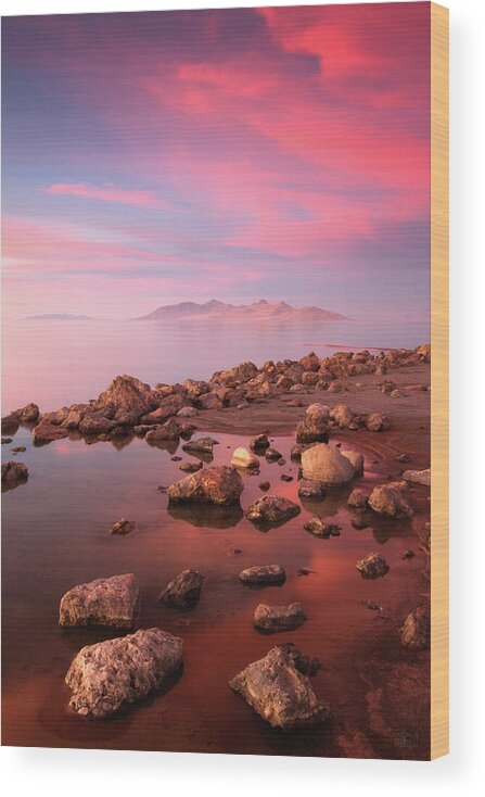 Utah Wood Print featuring the photograph Great Salt Lake and Antelope Island Sunset by Brett Pelletier