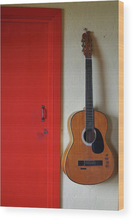 Guitar Wood Print featuring the photograph Guitar and Red Door by Adam Reinhart