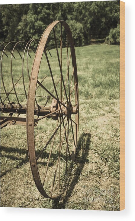 Vintage Wood Print featuring the photograph Hay Rake Wheel Aged by Jennifer White