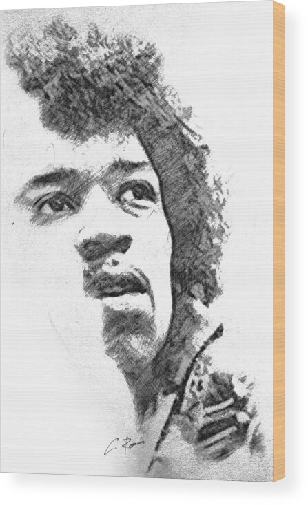 Jimmi Wood Print featuring the drawing Hendrix by Charlie Roman