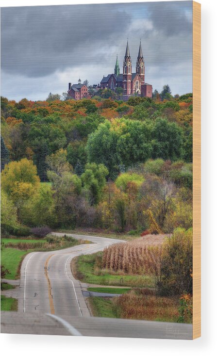 Holy Hill Basilica Cathedral Catholic Wisconsin Scenic Landscape Architecture Roads Road Trip Autumn Corn Rural Fall Fall Colors Church Wood Print featuring the photograph Holy Hill Basilica by Peter Herman