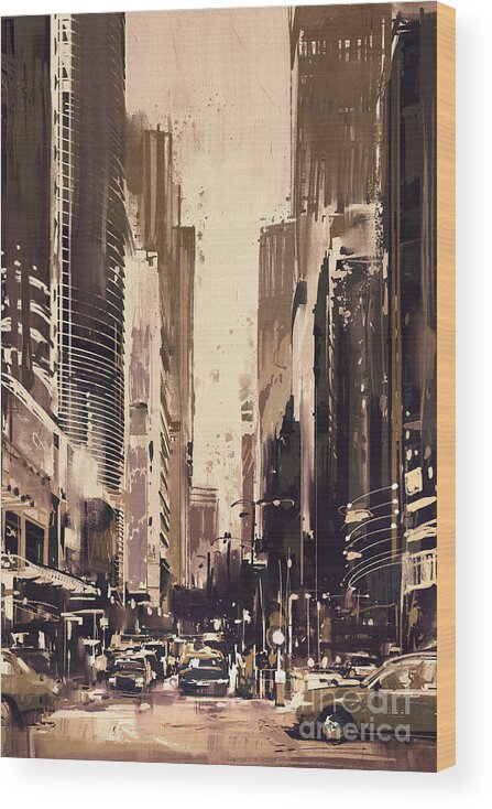 Acrylic Wood Print featuring the painting Hong-Kong cityscape painting by Tithi Luadthong
