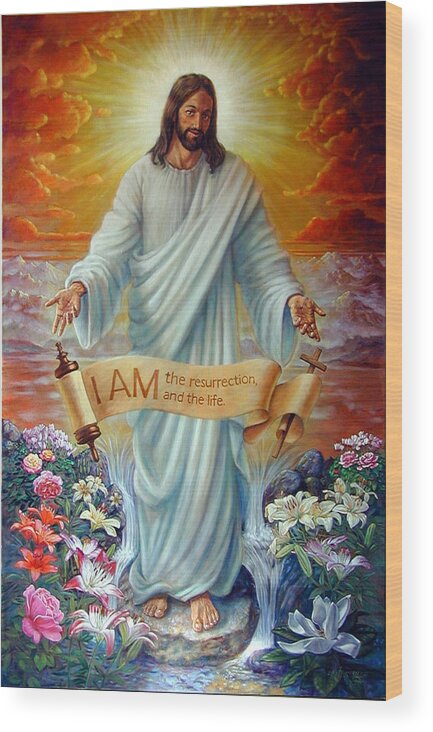 Jesus Christ Wood Print featuring the painting I AM the Resurrection by John Lautermilch