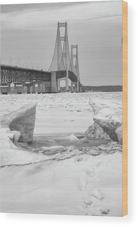 John Mcgraw Wood Print featuring the photograph Icy Black and White Mackinac Bridge by John McGraw