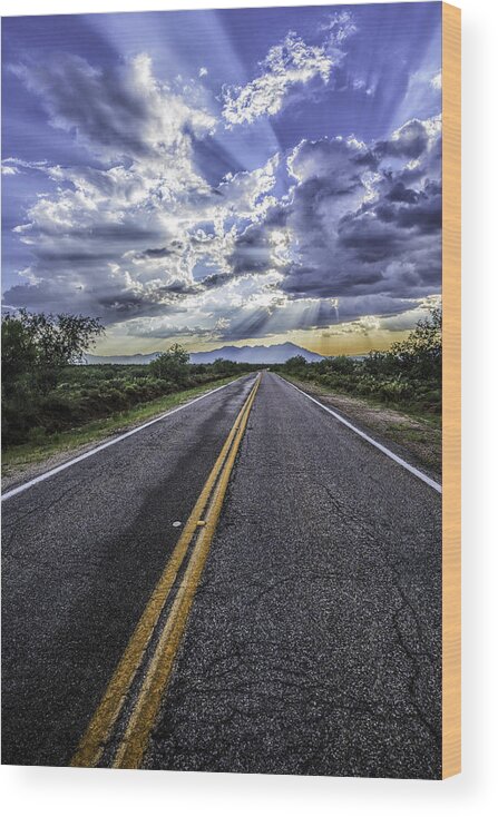 Sunset; Desert; Road; Clouds; Arizona Wood Print featuring the photograph Into the Sunset by Michael Newberry