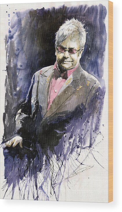 Watercolour Wood Print featuring the painting Jazz Sir Elton John by Yuriy Shevchuk