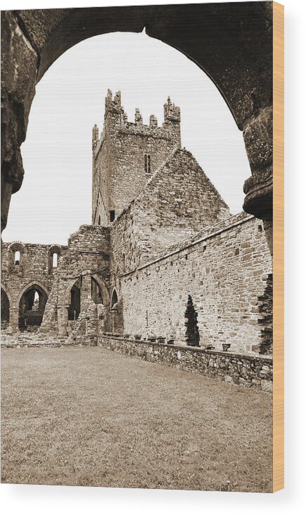 Jerpoint Wood Print featuring the photograph Jerpoint Abbey Church Tower Under Cloister Arch County Kilkenny Ireland Sepia by Shawn O'Brien