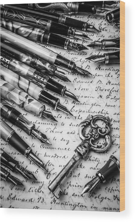 Fountain Wood Print featuring the photograph Key And Fountain Pens by Garry Gay
