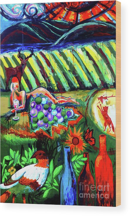 Wine Wood Print featuring the painting Lady And The Grapes by Genevieve Esson