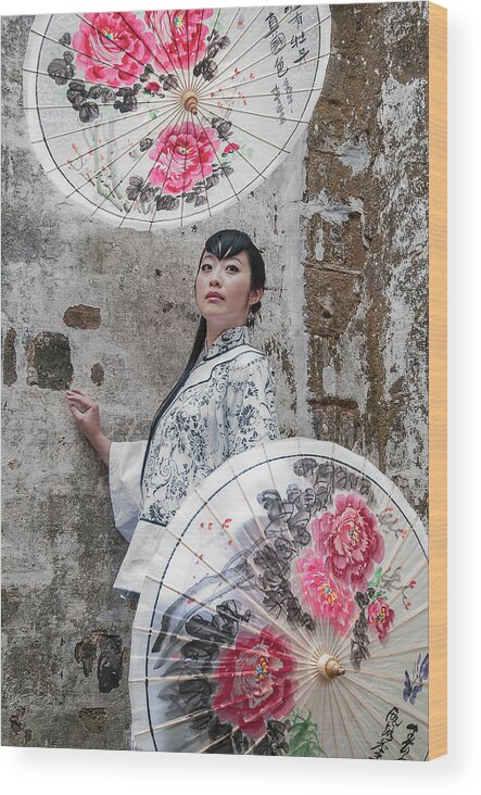 Asia Wood Print featuring the photograph Lady with an umbrella. by Usha Peddamatham