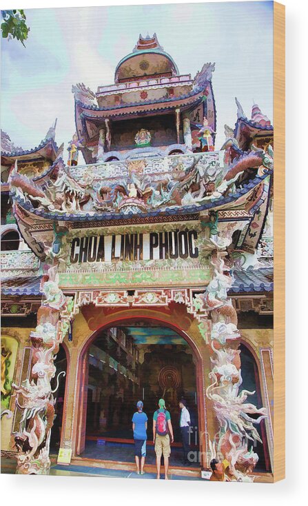 Digital Wood Print featuring the photograph Linh Phuco Pagoda Broken Glass Mosaic Vietnam Entrance by Chuck Kuhn