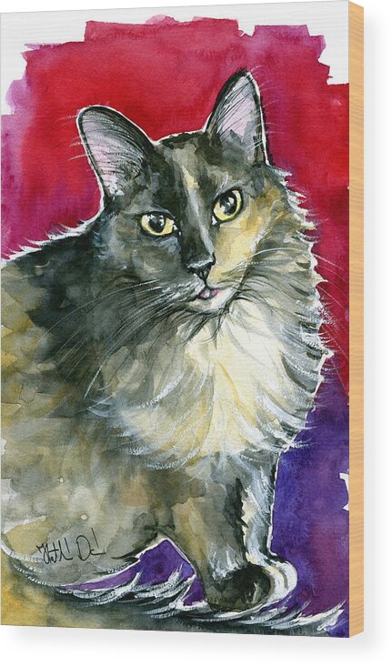 Cat Wood Print featuring the painting Lola - Long Haired Fluffy Cat Portrait by Dora Hathazi Mendes