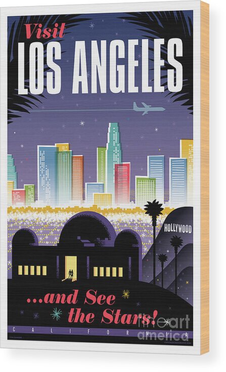 Pop Art Wood Print featuring the digital art Los Angeles Poster - Retro Travel by Jim Zahniser