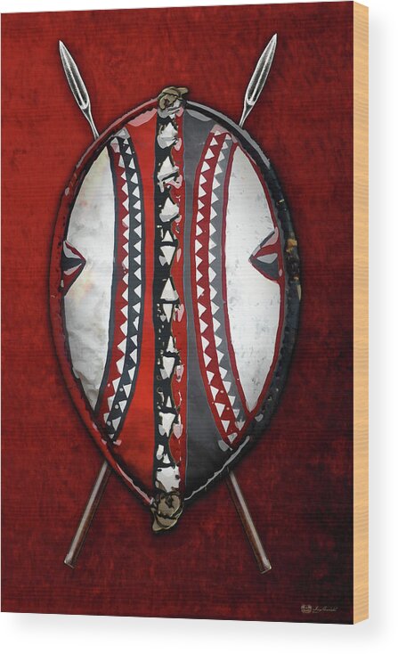 'war Shields' Collection By Serge Averbukh Wood Print featuring the digital art Maasai War Shield with Spears on Red Velvet by Serge Averbukh