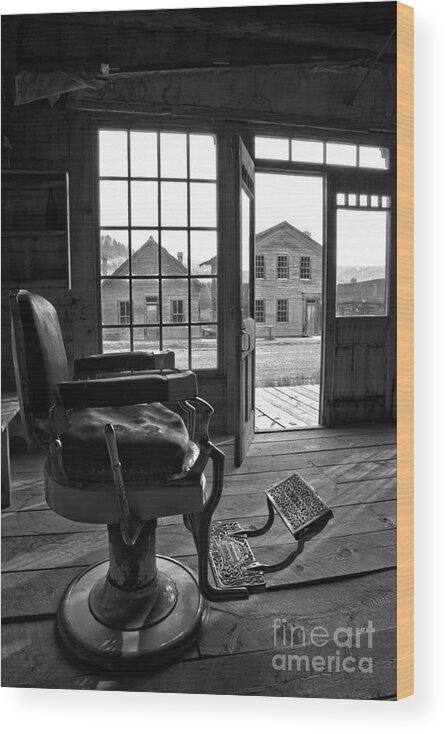 Barber Chair Wood Print featuring the photograph Main Street Barber Chair Black And White by Adam Jewell
