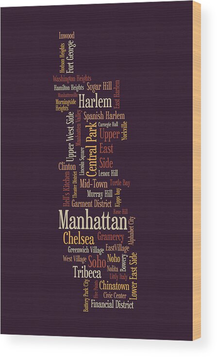Manhattan Map Wood Print featuring the digital art Manhattan New York Typographic Map by Michael Tompsett