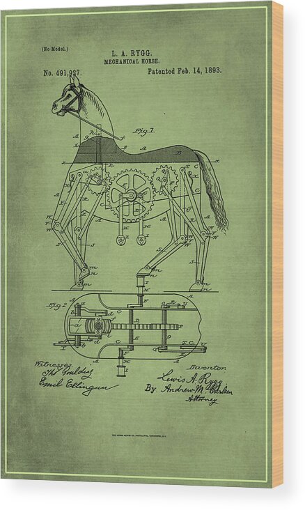 Patent Wood Print featuring the mixed media Mechanical Horse Patent Art by Brian Reaves