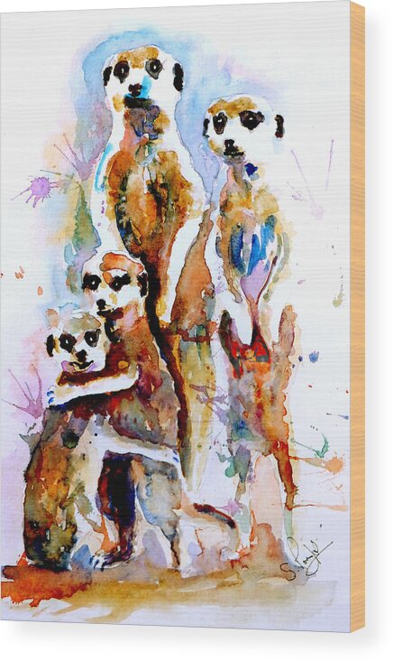 Meerkat Wood Print featuring the painting Meet the family by Steven Ponsford