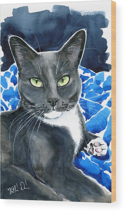 Blue Tuxedo Cat Painting Wood Print featuring the painting Melo - Blue Tuxedo Cat Painting by Dora Hathazi Mendes