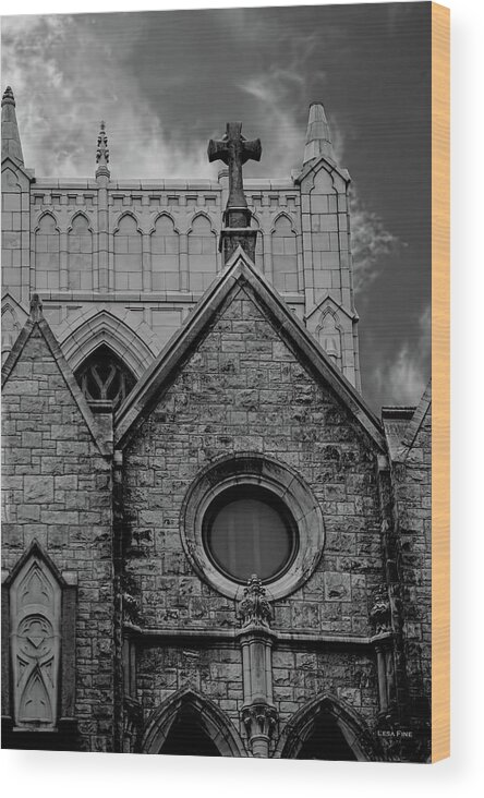 Church Wood Print featuring the photograph Memphis Cross in The Clouds BW by Lesa Fine