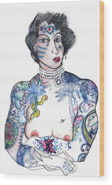 Maud Wagner Wood Print featuring the mixed media Minnie - An Homage to Maud Wagner, Tattoos by Carolyn Weltman
