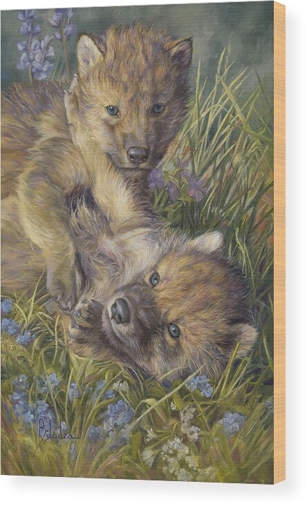 Wolf Wood Print featuring the painting Morning Play by Lucie Bilodeau