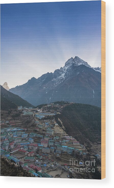 Everest Wood Print featuring the photograph Morning Sunrays Namche by Mike Reid