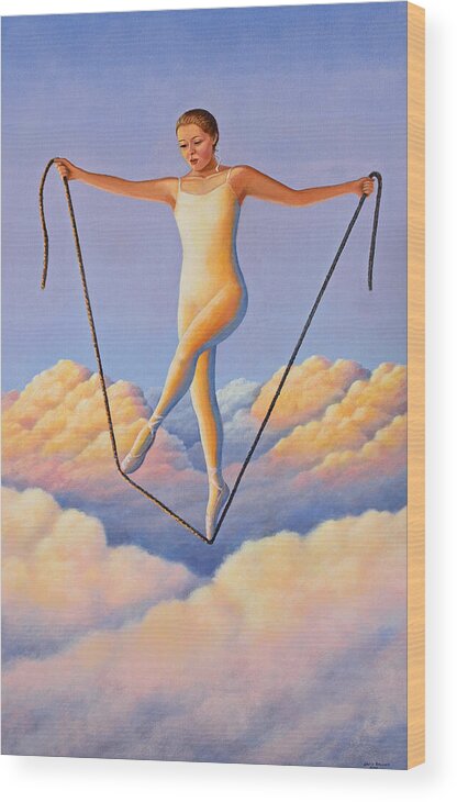 Muse Sunset Ballet Ballerina Dance Dancer Rope Tight Tightrope Sky Clouds Girl Woman Inspire Inspiration Fantasy Wood Print featuring the painting Muse of Sunset by Laurie Stewart