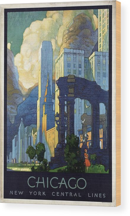 Chicago Wood Print featuring the mixed media New York Central Lines, Chicago - Retro travel Poster - Vintage Poster by Studio Grafiikka